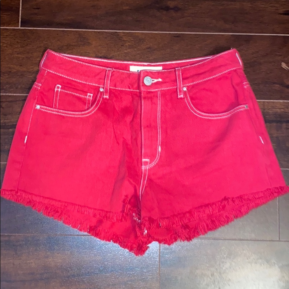 red jean shorts